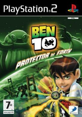 Framsidan av spelboxen till Tv-spelet Ben 10 Protector of Earth på PS2 (Playstation 2) i europeisk PAL utgåva