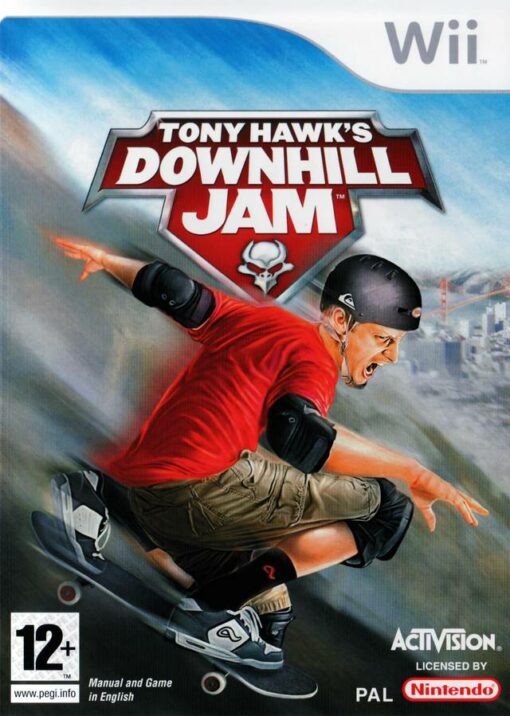 Framsidan av spelboxen till TV-spelet Tony Hawk´s Downhill Jam på Nintendo Wii i Europeisk PAL utgåva