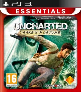 Framsidan av spelboxen till TV-spelet uncharted drakes fortune essentials på ps3 (Playstation 3) i europeisk PAL utgåva