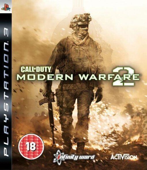 Framsidan av spelboxen till tv-spelet Call of Duty Modern Warfare 2 på Sony Playstation 3 (PS3) i europeisk PAL utgåva