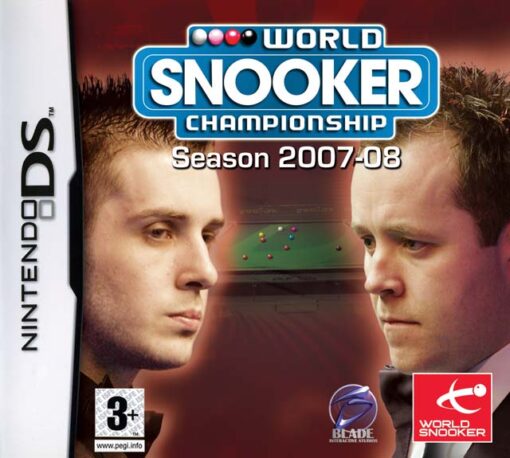 Framsidan at spelboxen till tv-spelet World snooker championship: 2007-08 på Nintendo DS i europeisk PAL utgåva