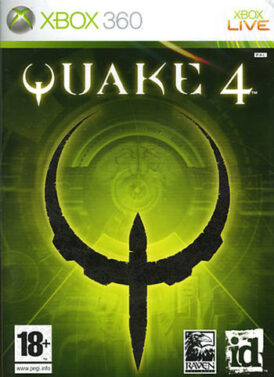 Framsidan av spelboxen till Tv-spelet Quake 4 på Xbox 360 i europeisk PAL utgåva