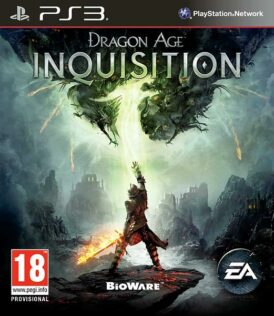 Framsidan av spelboxen till TV-spelet Dragon age inquisition på ps3 i europeisk PAL utgåva.