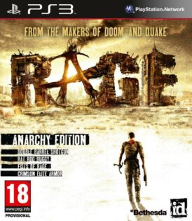 Framsidan av spelboxen till Tv-spelet Rage - Anarchy edition på Playstation 3 (PS3) i europeisk PAL utgåva