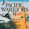 Framsidan av PlayStation 2-spelet 'Pacific Warriors II: Dogfight!' med ett stridsflygplan i fokus, explosionsfylld bakgrund och logotypen i militär stil