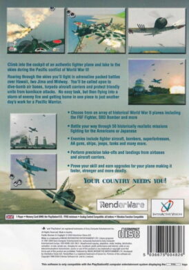 Baksidan av PlayStation 2-spelet 'Pacific Warriors II: Dogfight!' med bilder på intensiva flygstrider under andra världskriget, inklusive stridsflygplan, explosioner och hangarfartyg. Texten beskriver spelets funktioner, historiska uppdrag och möjligheten att spela som amerikansk eller japansk pilot.