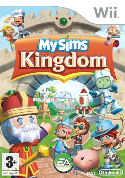 Framsidan till Ea games MySims Kingdom på Nintendo Wii i europeisk PAL utgåva