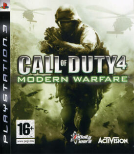 Framsidan av spelboxen till konsolspelet Call of Duty 4: Modern Warfare på PS3 (Playstation 3) i europeisk PAL utgåva
