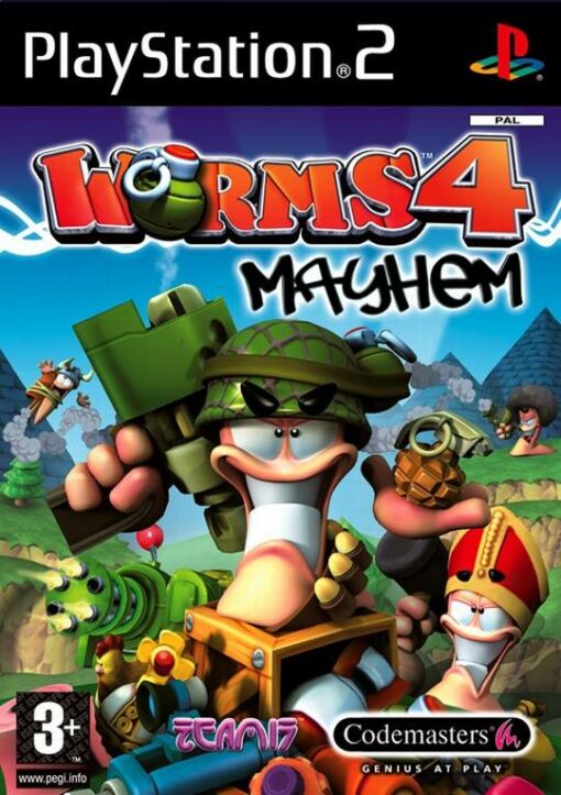 Framsidan av spelboxen till tv-spelet Worms 4: Mayhem på PS2 i europeisk PAL utgåva.