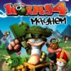 Framsidan av spelboxen till tv-spelet Worms 4: Mayhem på PS2 i europeisk PAL utgåva.