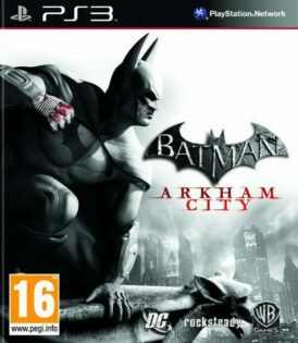 Framsidan av spelboxen till TV-spelet Batman Arkham city på Playstation 3 i europeisk pal utgåva