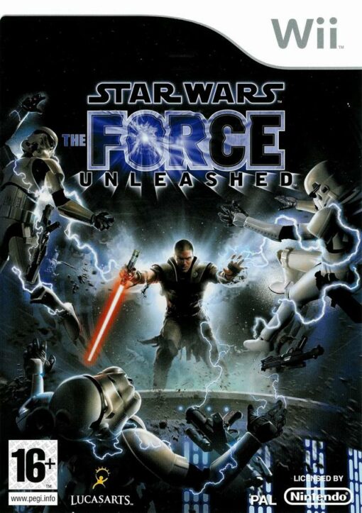 Framsidan av spelboxen till tv-spelet Star Wars: The Force Unleashed till Nintendo Wii i europeisk pal utgåva