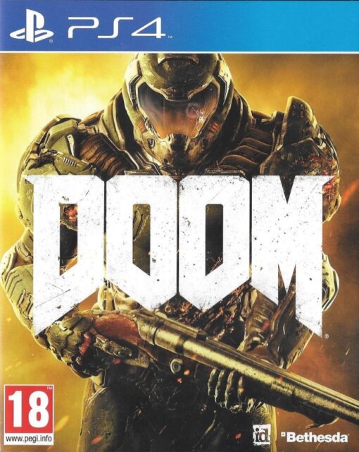 Framsidan av spelboxen till Tv-spelet DOOM (2016) på Playstation 4 i europeisk PAL utgåva