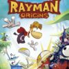 Framsidan av spelboxen till Tv-spelet Rayman Origins till Xbox 360 i europeisk Pal utgåva.