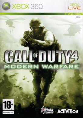 Framsidan på spelboxen till Infinity ward och activisions spel Call of duty 4 Modern warfare på Xbox 360Call of Duty 4: Modern Warfare Xbox 360 i europeisk PAL utgåva