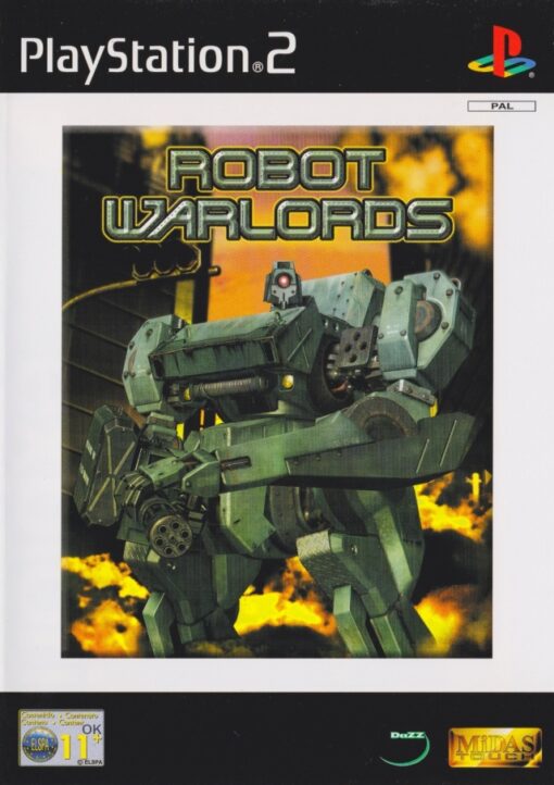 framsidan av spelboxen till tvspelet Robot Warlords på PS2 i europeisk PAL utgåva.