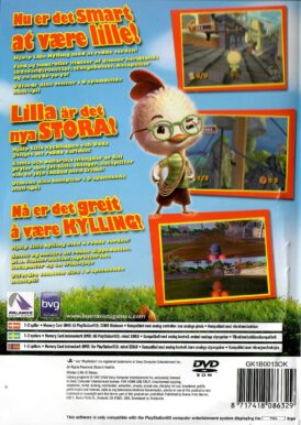 Baksidan av TV-spelet Disneys lilla kycklingen på Playstation 2 (PS2) i nordisk och europeisk pal utgåva