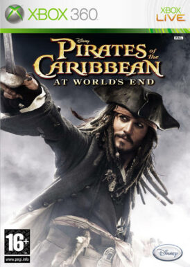 Framsidan av spelboxen till TV-spelet Pirates of the Caribbean At World's End på xbox 360 i europeisk pal utgåva