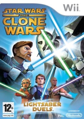 Framsidan till tv-spelet Star Wars the Clone wars lightsaber duels på Nintendos spelkonsol wii