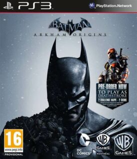 Framsidan av spelboxen till tv-spelet Batman: Arkham Origins på Playstation 3 (Ps3) i europeisk PAL utgåva