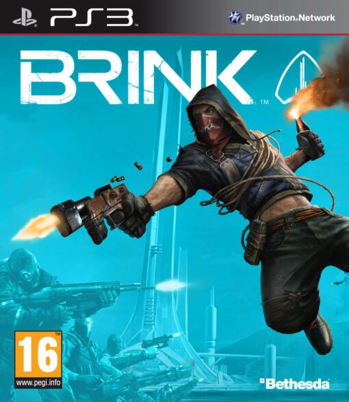 Framsidan av spelboxen till Tv-spelet Brink på Playstation 3 (Ps3) i europeisk PAL utgåva