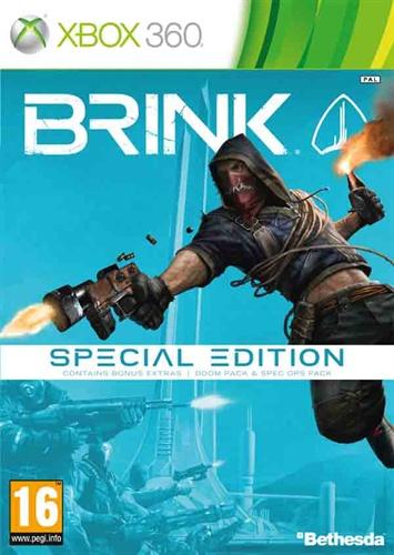 Framsidan av spelboxen till Tv-spelet Brink - Special Edition på Xbox 360 i europeisk PAL utgåva