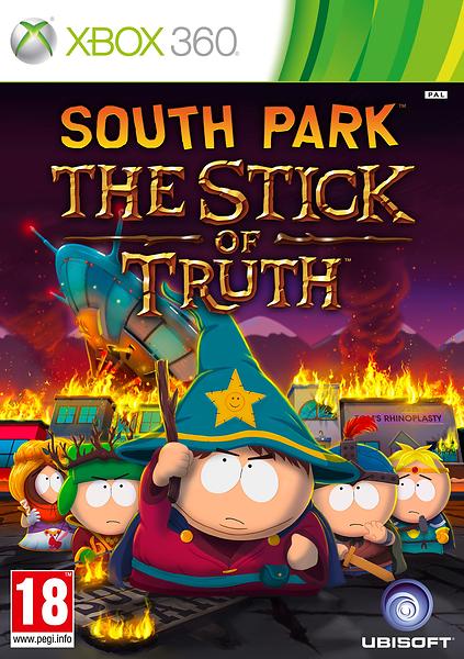 Framsidan av spelboxen till Tv- spelet South Park The Stick of Truth på xbox 360 i europeisk PAL utgåva