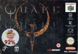 framsidan av spelboxen till Quake på nintendo 64 (N65) i europeisk pal utgåva