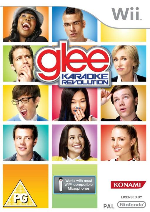 Framsidan till Karaoke Revolution: Glee på Nintendo Wii i europeisk PAL utgåva