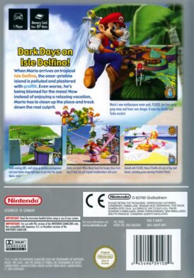 Baksidan av boxen till nintendos Super Mario Sunshine Players Choice på nintendo gamecube i europeisk PAL utgåva