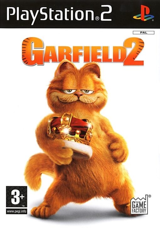 Framsidan av spelboxen till tvspelet Garfield 2 på Playstation 2 (PS2) i Europeisk PAL utgåva.