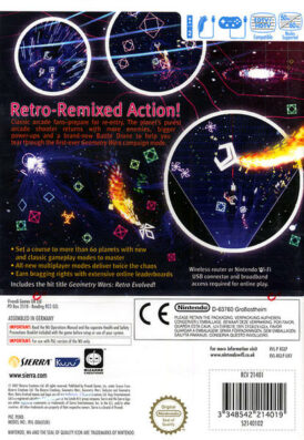 Baksidan till Tv-spelet Geometry Wars: Galaxies på Nintendo Wii i europeisk PAL utgåva