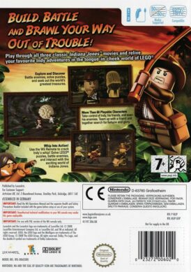 Baksidan på spelboxen till LEGO Indiana Jones The Original Adventures på Nintendo Wii i europeisk PAL utgåva Nintendo Wii