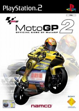 Framsidan av spelboxen till MotoGP 2 på Playstation 2 i europeisk PAL utgåva