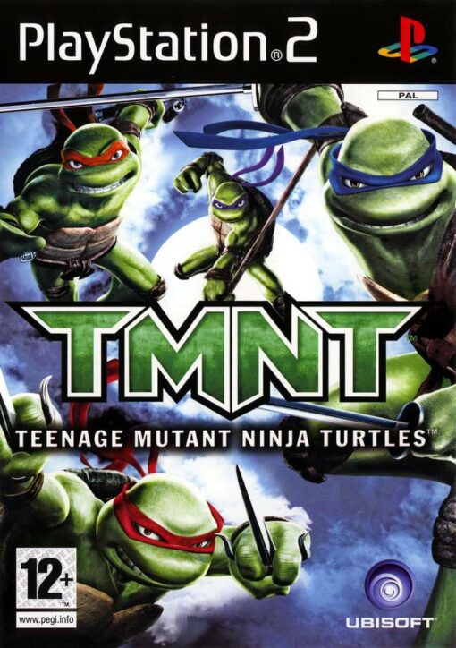 Framsidan av spelboxen till tvspelet TMNT Teenage Mutant Ninja Turtles på Playstation 2 i europeisk pal utgåva