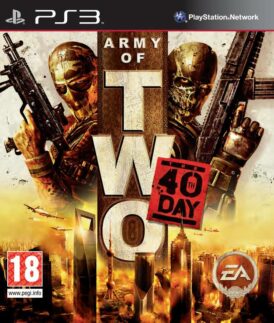 Framsidan av spelboxen till Tv-spelet Army of Two The 40th Day på PS3 (Playstation 3) i Europeisk PAL utgåva