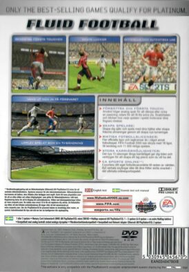 Baksidan av spelboxen till Tvspelet Fifa 2005 platinum på playstation 2 (PS2) i Europeisk och nordisk PAL utgåva