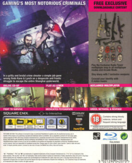 Baksidan av spelboxen till TVspelet Kane & Lynch 2 Dog Days - Limited Edition på ps3 i europeisk pal utgåva
