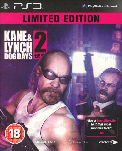 Framsidan av spelboxen till TVspelet Kane & Lynch 2 Dog Days - Limited Edition på ps3 i europeisk pal utgåva