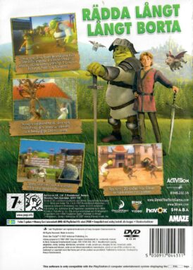 Baksidan av spelboxen till TV-spelet Shrek den tredje på sony playstation 2 i Svensk och europeisk pal utgåva