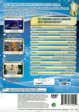 Baksidan av spelboxen till tvspelet singstar sjung med dinsey på playstation 2 i svensk och europeisk pal utgåva