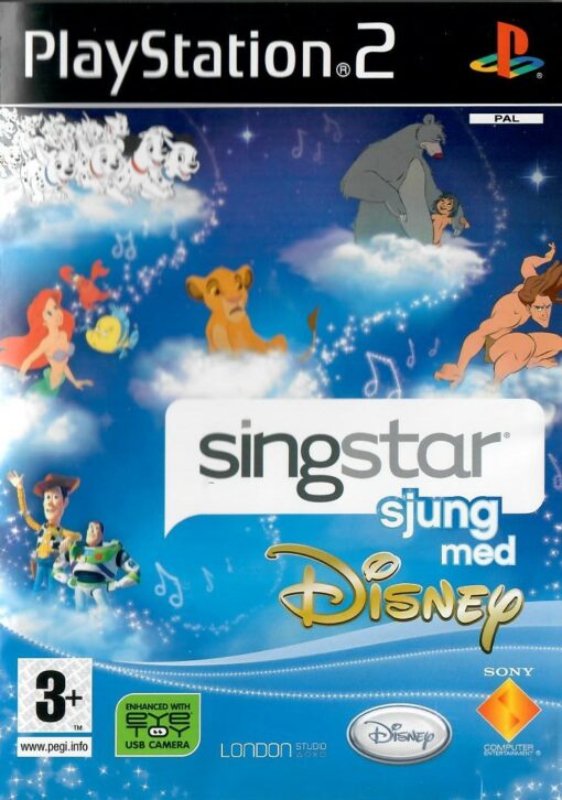 Framsidan av spelboxen till tvspelet singstar sjung med dinsey på playstation 2 i svensk och europeisk pal utgåva