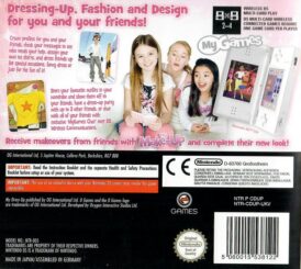 Baksidan av spelboxen till det handhållna och nintendo exklusiva tv-spelet My Dress-up på Nintendo DS i europeisk PAL utgåva