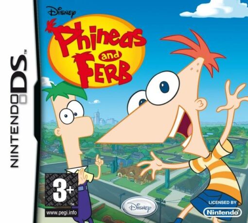 Framsidan av spelboxen till det handhållna tv-spelet Phineas and Ferb på Nintendo DS i europeisk pal utgåva
