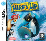 Framsidan av spelboxen till det handhållna Nintendo DS spelet Surf's up i europeisk PAL utgåva