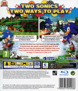 Baksidan av spelboxen till tv-spelet Sonic Generations på playstation 3 i europeisk PAL utgåva