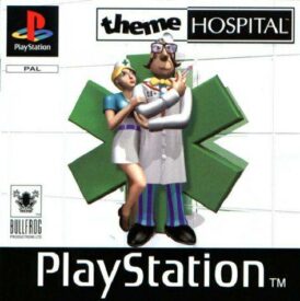 Framsidan av spelboxen till TV-spelet Theme Hospital på Playstation 1 i europeisk pal utgåva