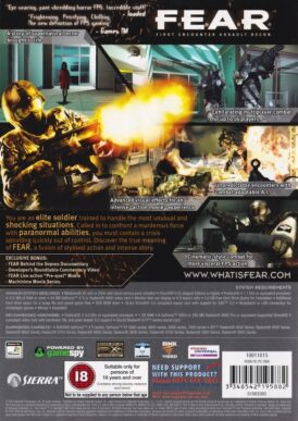 Baksidan av spelboxen till Dator-spelet F.E.A.R till PC i europeisk PAL utgåva