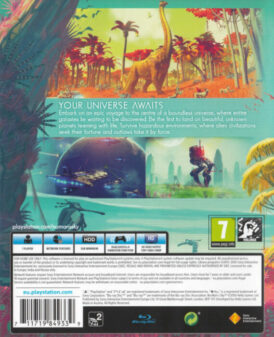 Baksidan av spelboxen till tv spelet No Man's Sky på Playstation 4 i europeisk PAL utgåva