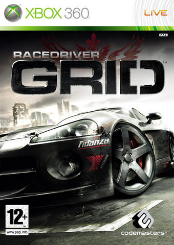 Framsidan av spelboxen till TV-spelet Race Driver: Grid på Xbox 360 i europeisk PAL utgåva